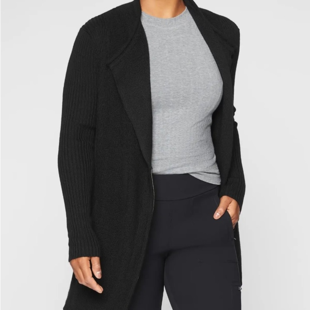 Athleta Thermolite Sentinel black Ribbed Merino Wool Zip-up Cardigan Coat - Picture 2 of 7